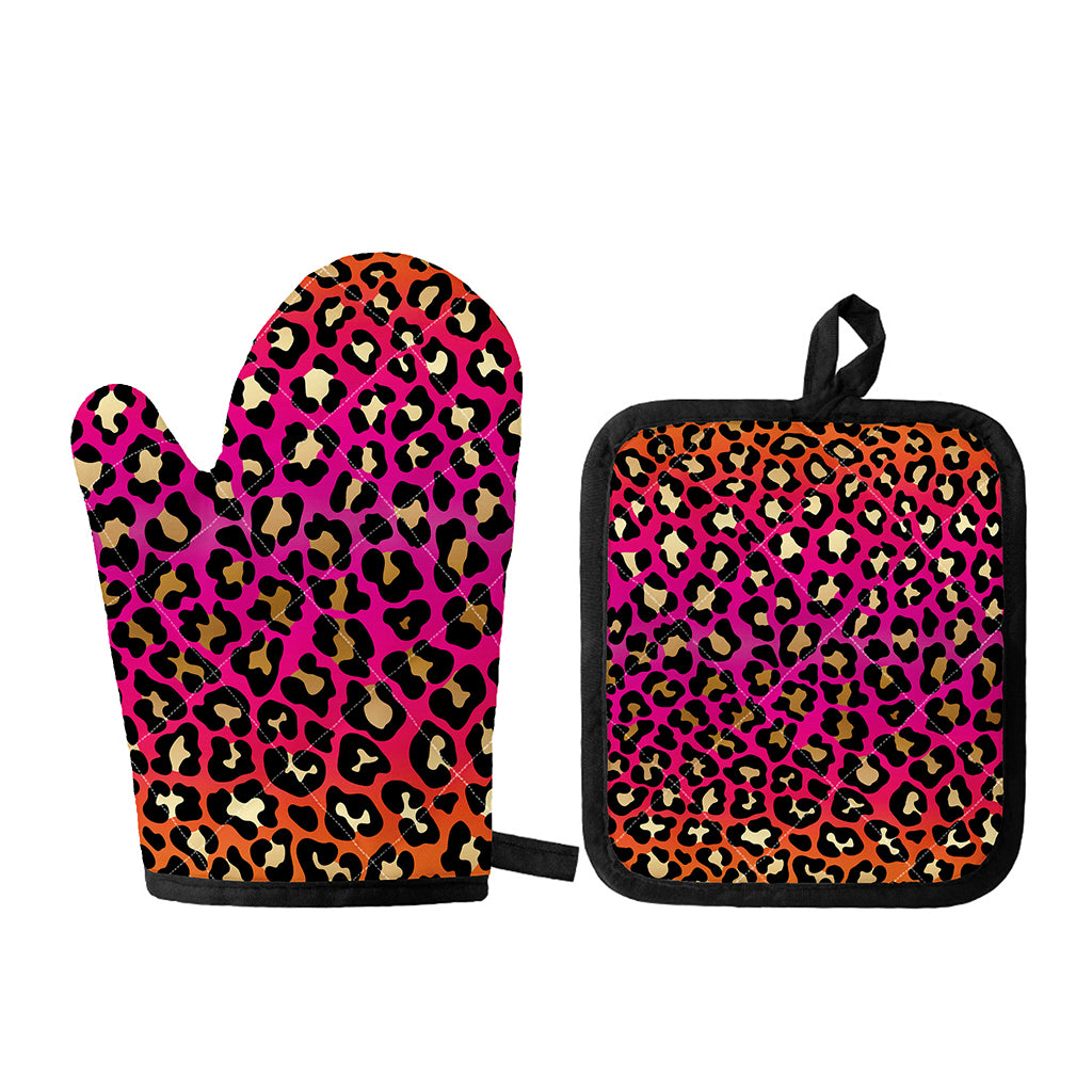 Orange And Purple Leopard Print Oven Mitt And Pot Holder Set