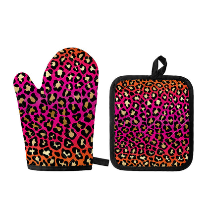 Orange And Purple Leopard Print Oven Mitt And Pot Holder Set