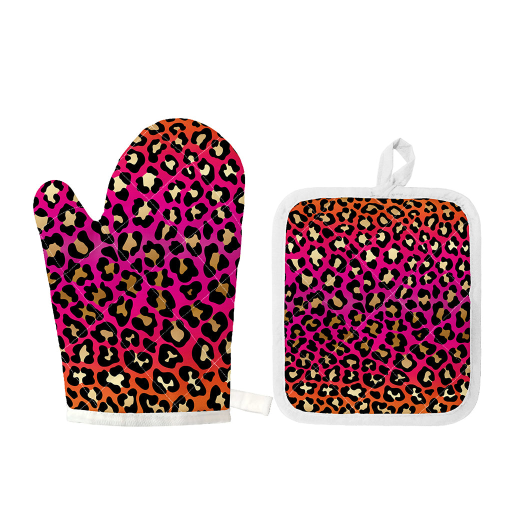 Orange And Purple Leopard Print Oven Mitt And Pot Holder Set