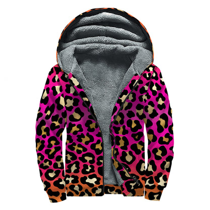 Orange And Purple Leopard Print Sherpa Lined Zip Up Hoodie