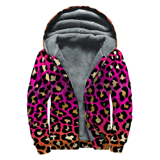 Orange And Purple Leopard Print Sherpa Lined Zip Up Hoodie