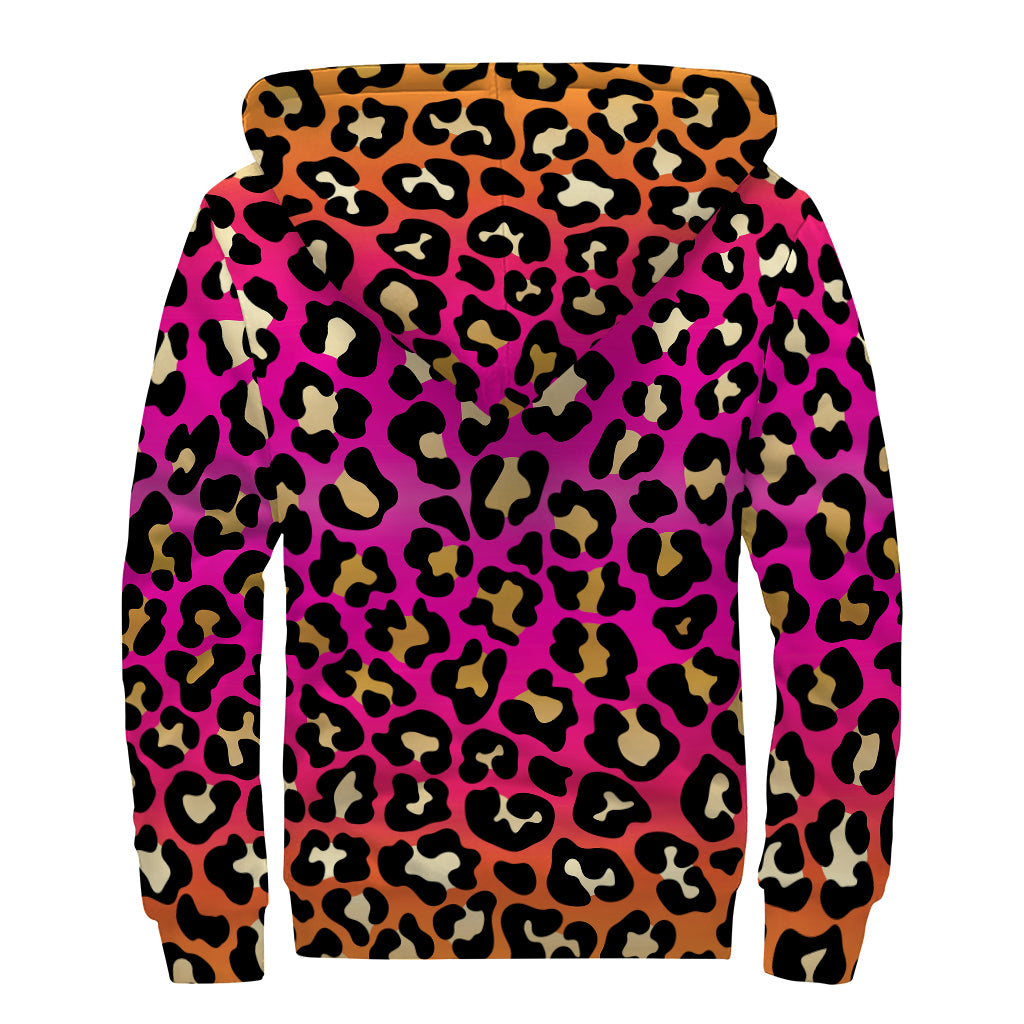 Orange And Purple Leopard Print Sherpa Lined Zip Up Hoodie