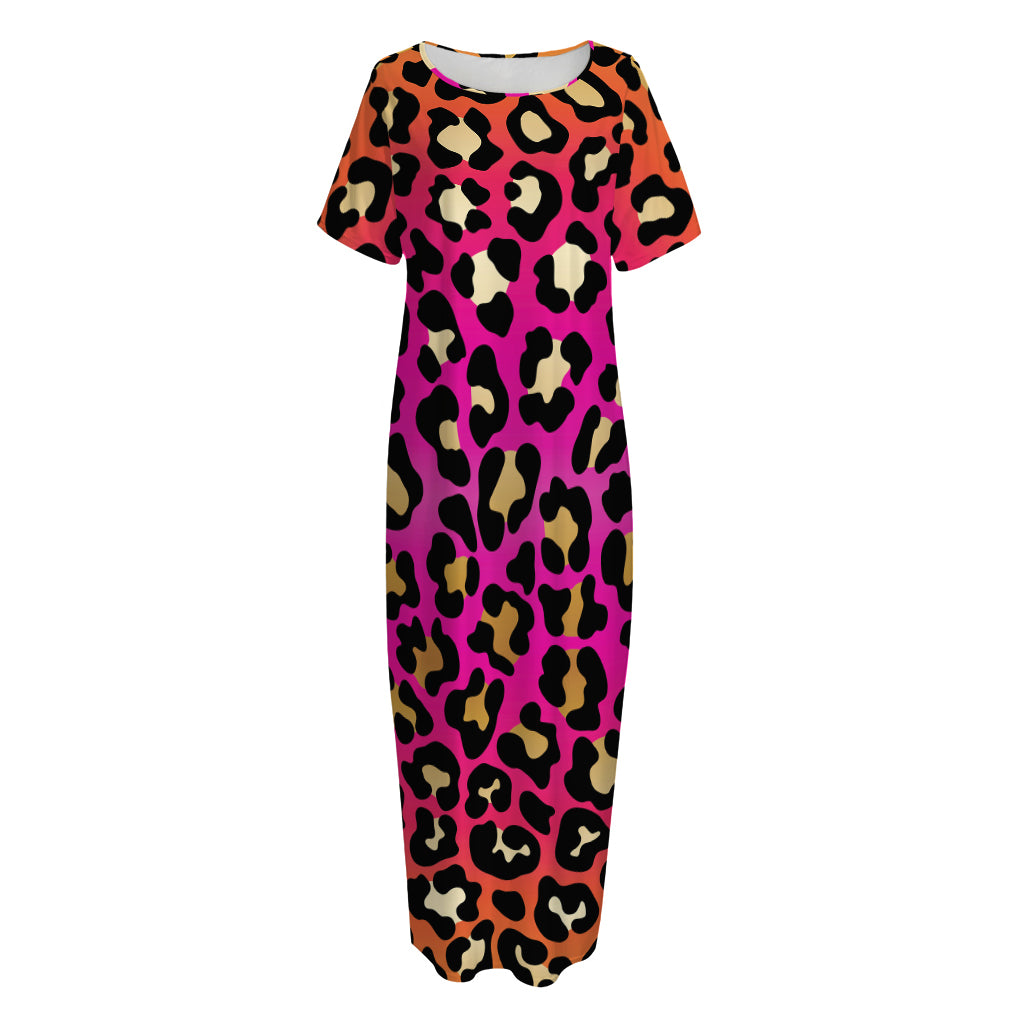Orange And Purple Leopard Print Short Sleeve Long Nightdress