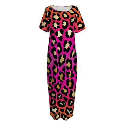Orange And Purple Leopard Print Short Sleeve Long Nightdress