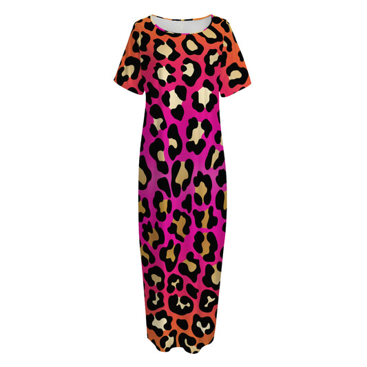 Orange And Purple Leopard Print Short Sleeve Long Nightdress