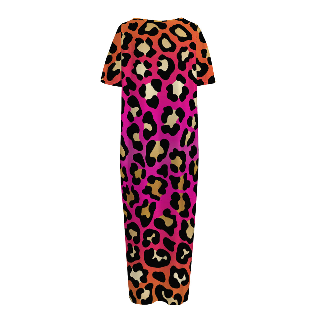Orange And Purple Leopard Print Short Sleeve Long Nightdress