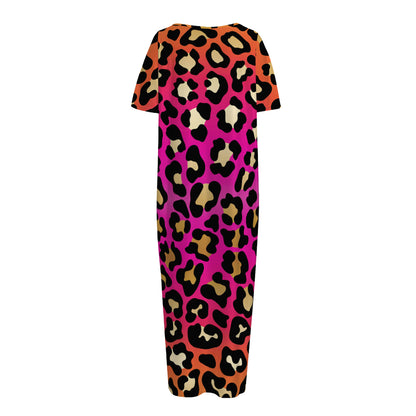 Orange And Purple Leopard Print Short Sleeve Long Nightdress