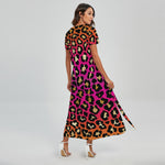 Orange And Purple Leopard Print Short Sleeve Maxi Dress