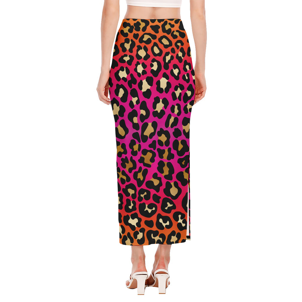 Orange And Purple Leopard Print Side Slit Maxi Skirt