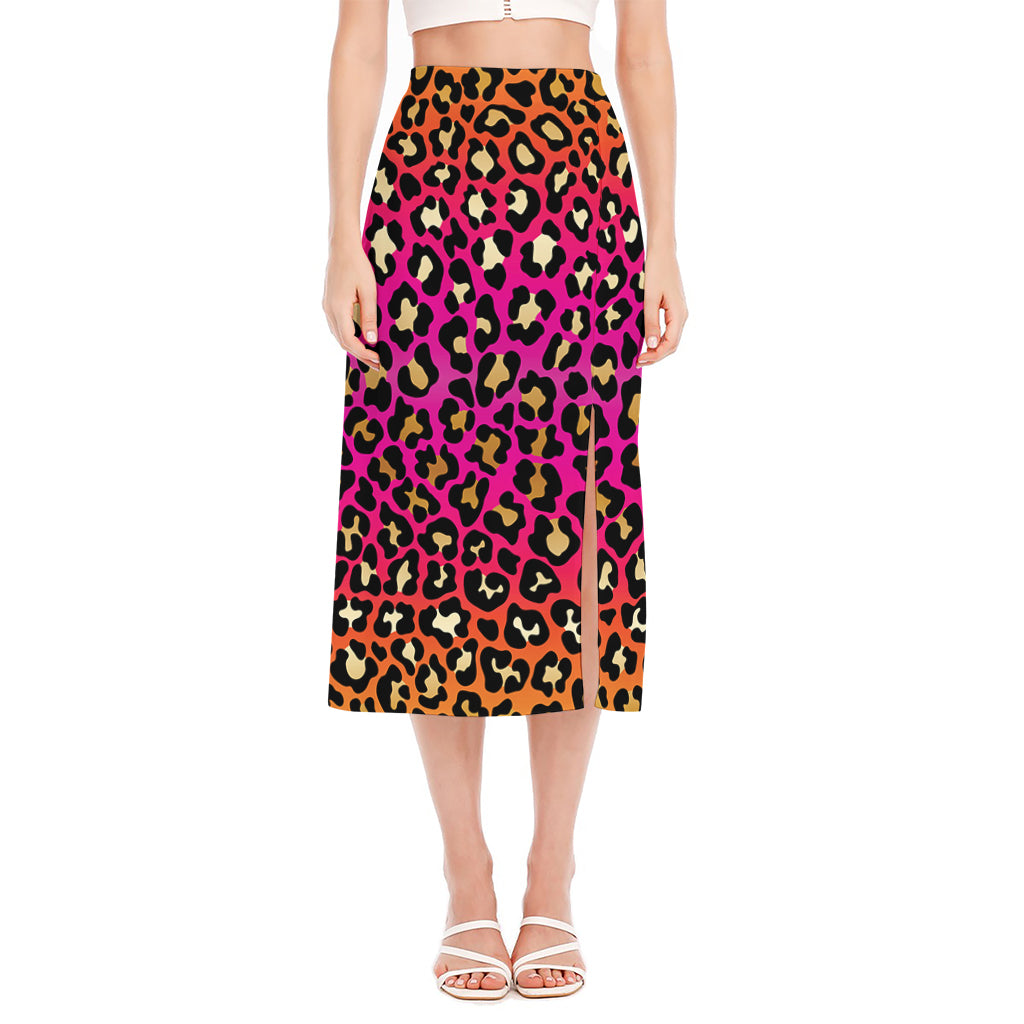Orange And Purple Leopard Print Side Slit Midi Skirt