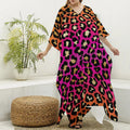 Orange And Purple Leopard Print Silk V-Neck Kaftan Dress