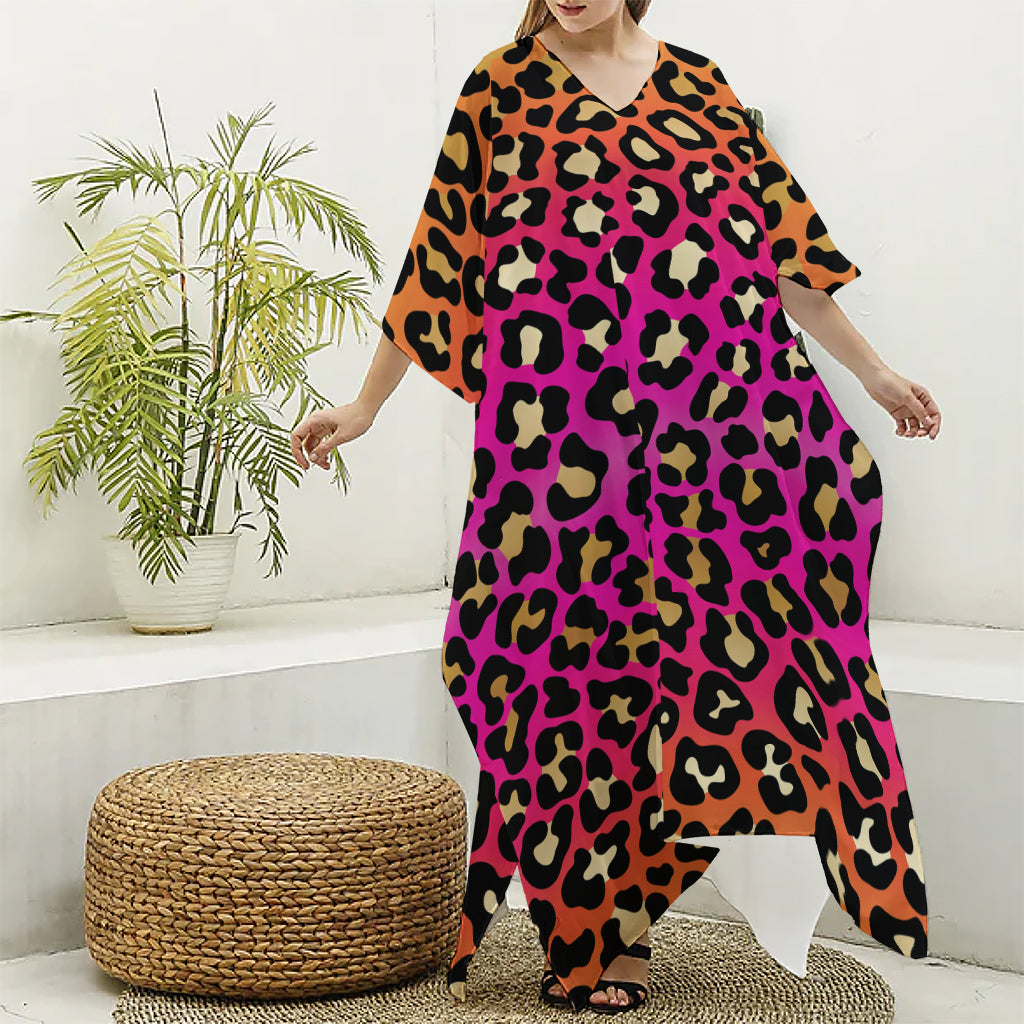 Orange And Purple Leopard Print Silk V-Neck Kaftan Dress