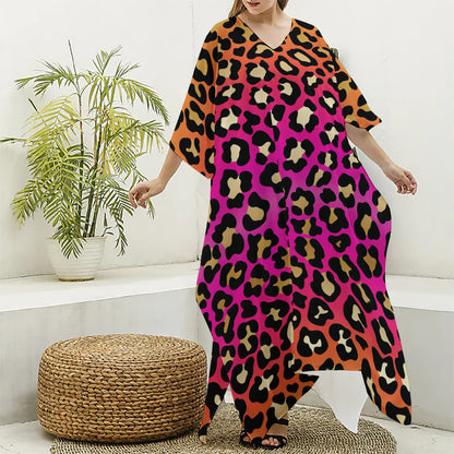 Orange And Purple Leopard Print Silk V-Neck Kaftan Dress