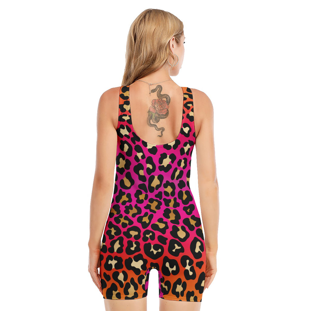 Orange And Purple Leopard Print Sleeveless One Piece Swimsuit