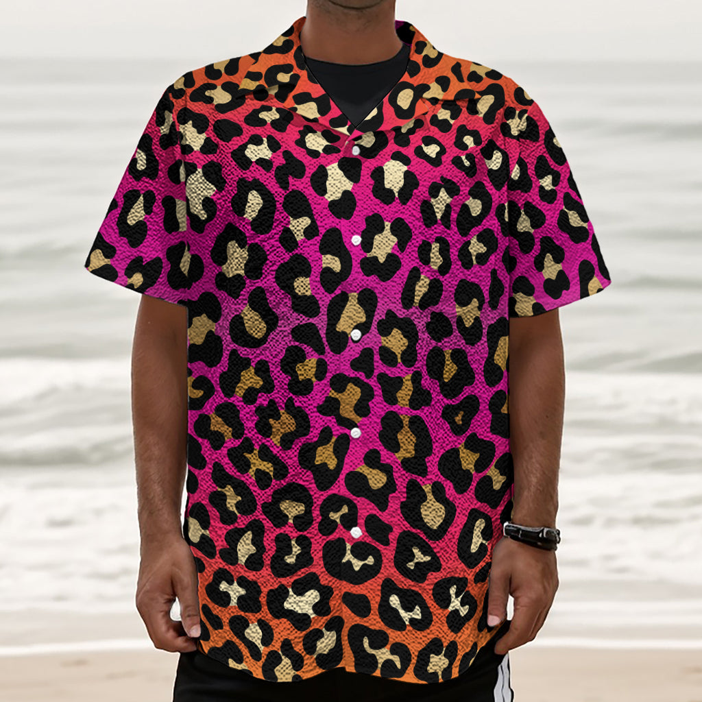 Orange And Purple Leopard Print Textured Short Sleeve Shirt