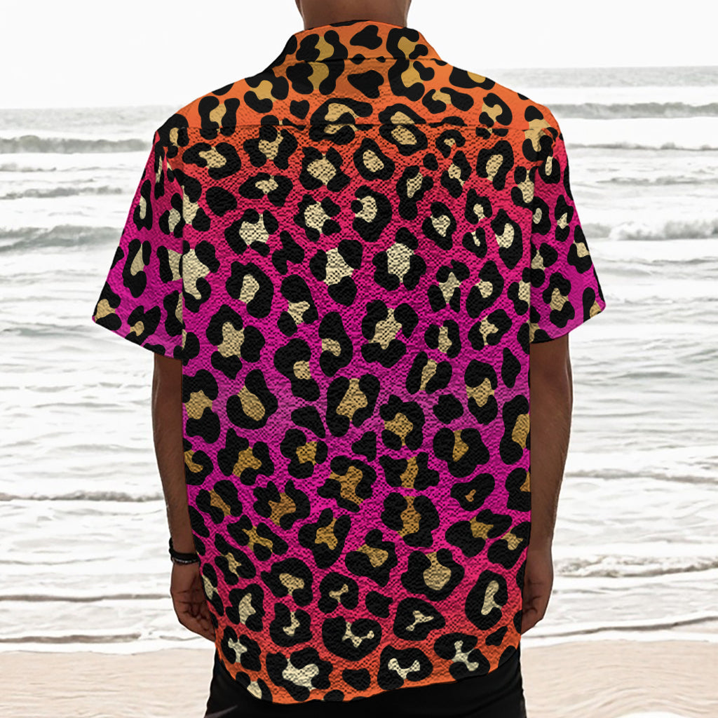 Orange And Purple Leopard Print Textured Short Sleeve Shirt