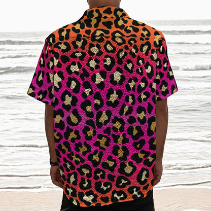Orange And Purple Leopard Print Textured Short Sleeve Shirt