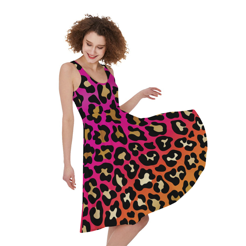 Orange And Purple Leopard Print Women's Sleeveless Dress
