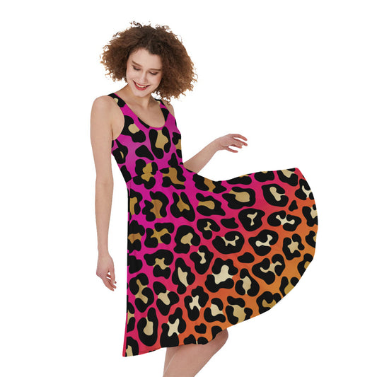 Orange And Purple Leopard Print Women's Sleeveless Dress