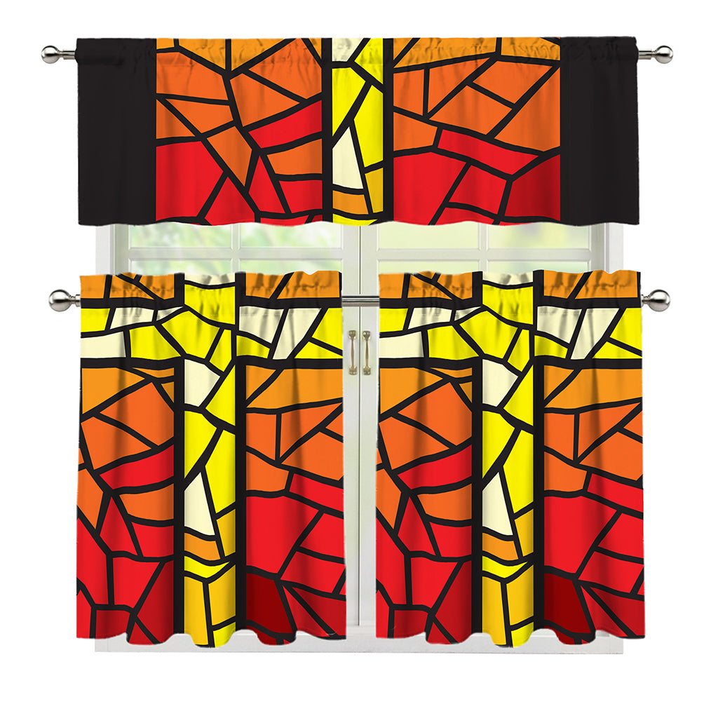 Orange And Red Stained Glass Cross Print 3 Piece Kitchen Curtains