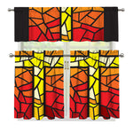 Orange And Red Stained Glass Cross Print 3 Piece Kitchen Curtains