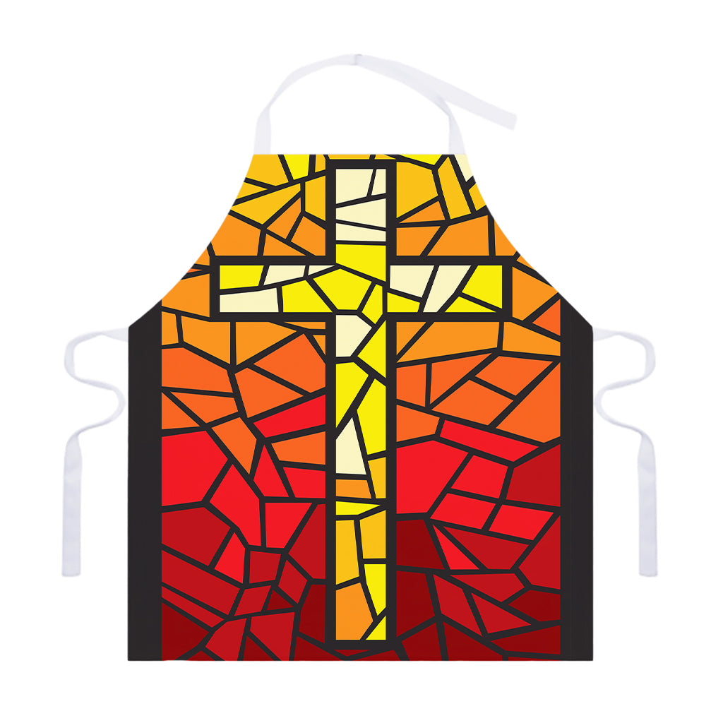 Orange And Red Stained Glass Cross Print Adjustable Apron