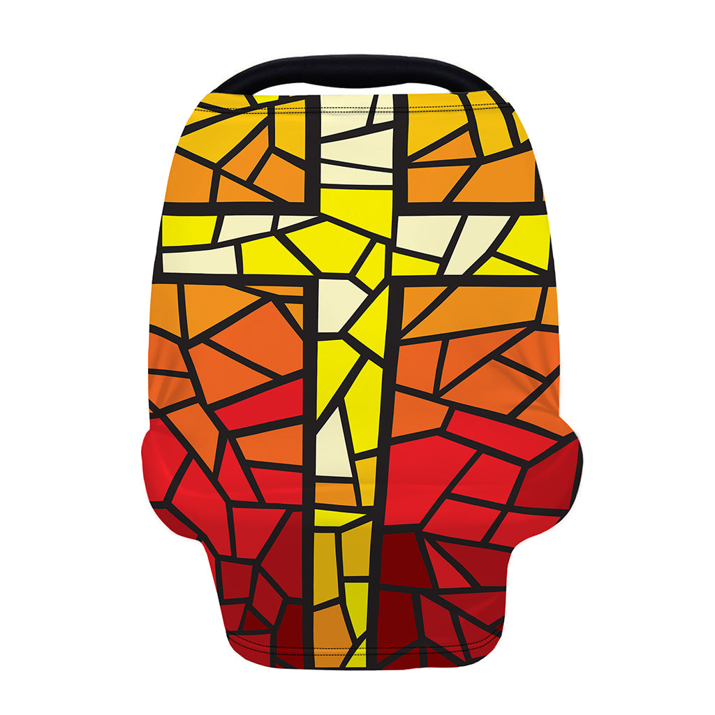 Orange And Red Stained Glass Cross Print Baby Seat Cover