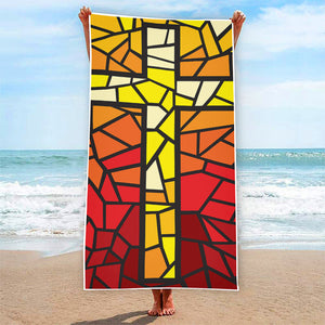 Orange And Red Stained Glass Cross Print Beach Towel