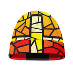 Orange And Red Stained Glass Cross Print Beanie