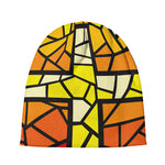 Orange And Red Stained Glass Cross Print Beanie