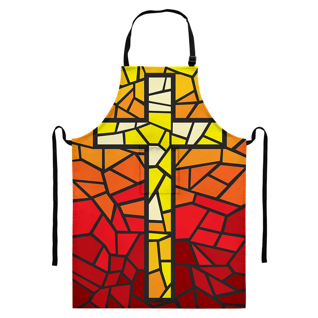 Orange And Red Stained Glass Cross Print Bib Apron With Pocket