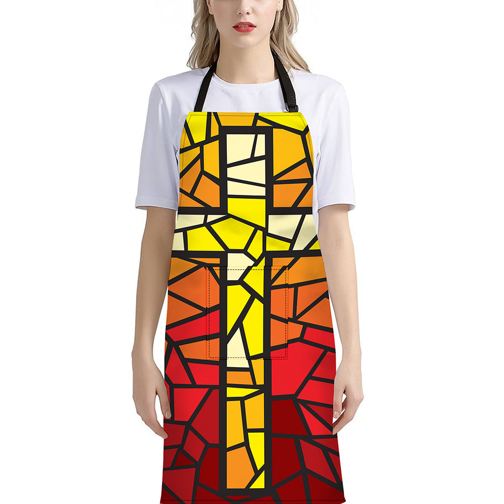 Orange And Red Stained Glass Cross Print Bib Apron With Pocket