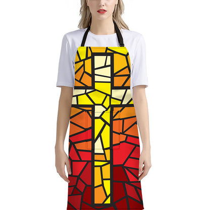 Orange And Red Stained Glass Cross Print Bib Apron With Pocket