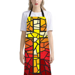 Orange And Red Stained Glass Cross Print Bib Apron With Pocket