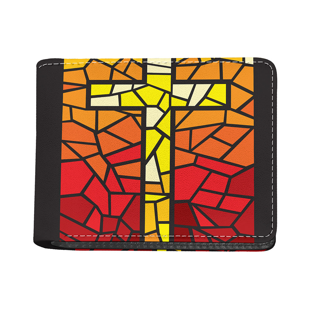 Orange And Red Stained Glass Cross Print Bifold Wallet