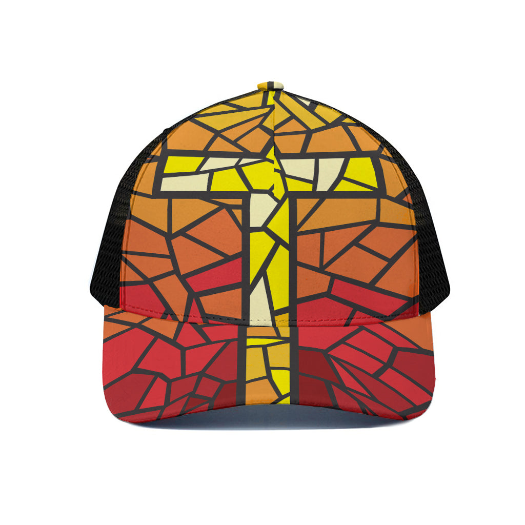 Orange And Red Stained Glass Cross Print Black Mesh Trucker Cap