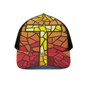 Orange And Red Stained Glass Cross Print Black Mesh Trucker Hat