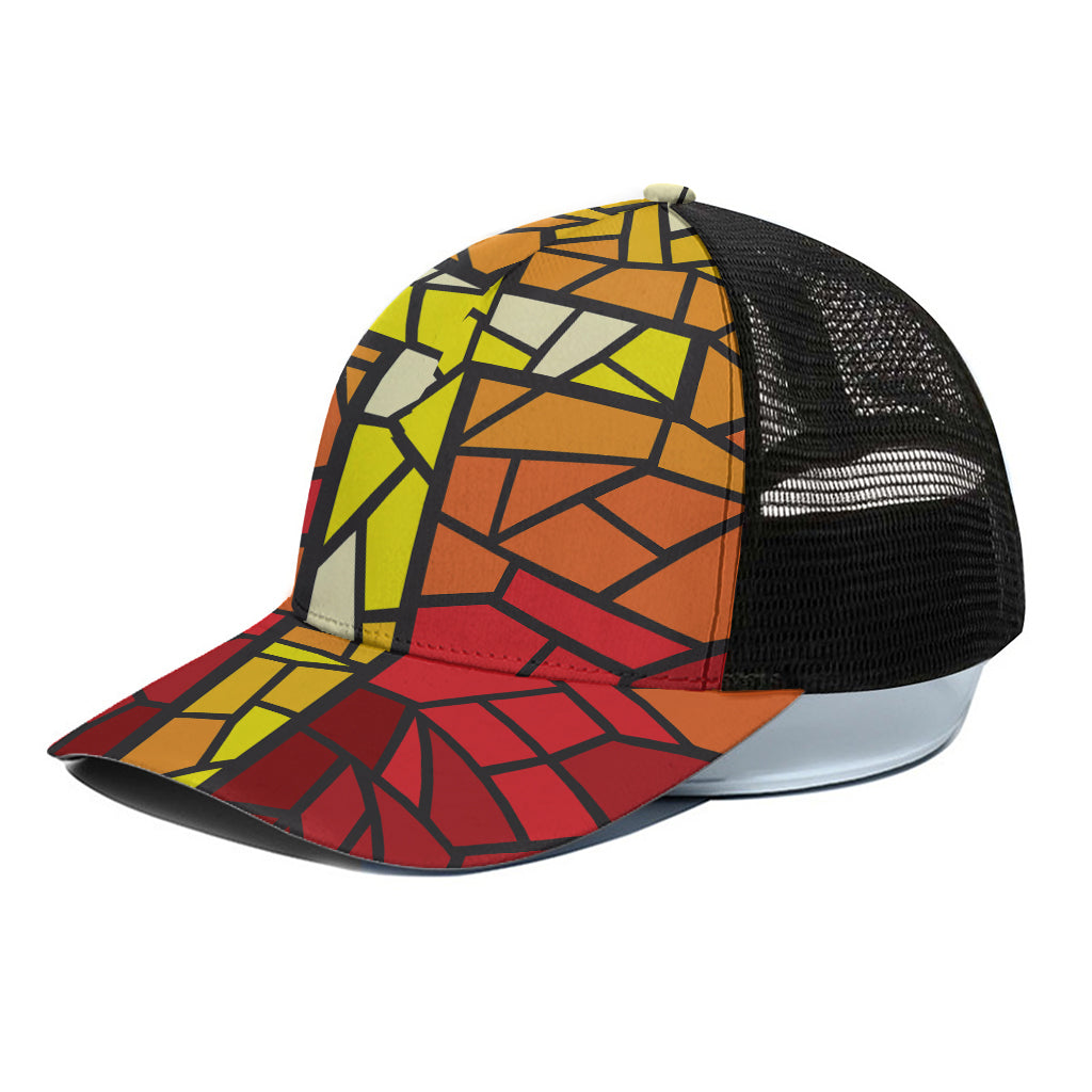 Orange And Red Stained Glass Cross Print Black Mesh Trucker Cap