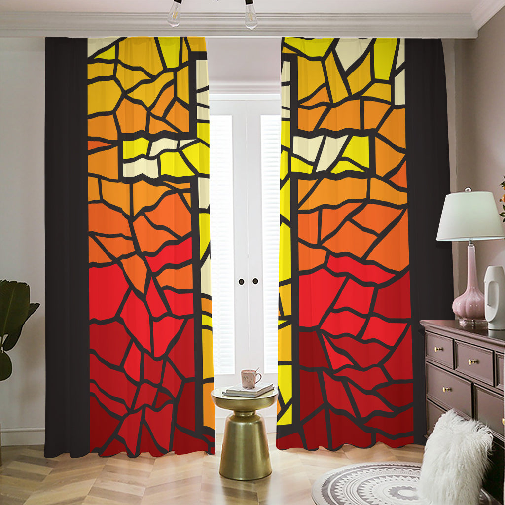 Orange And Red Stained Glass Cross Print Blackout Pencil Pleat Curtains