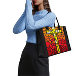 Orange And Red Stained Glass Cross Print Canvas Tote Bag