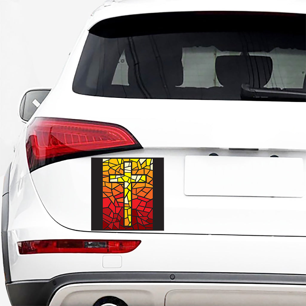 Orange And Red Stained Glass Cross Print Car Sticker