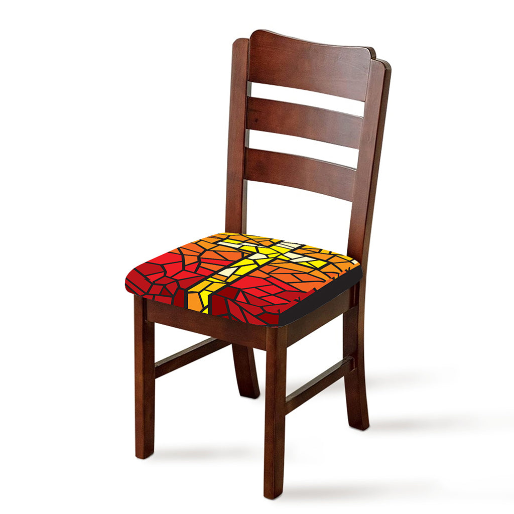 Orange And Red Stained Glass Cross Print Chair Cushion Cover