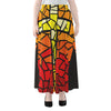 Orange And Red Stained Glass Cross Print Chiffon Maxi Skirt