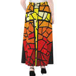 Orange And Red Stained Glass Cross Print Chiffon Maxi Skirt