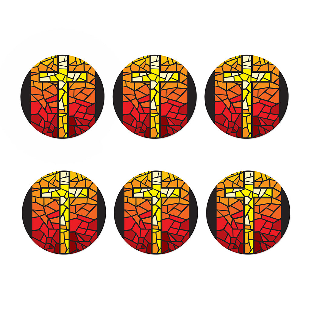 Orange And Red Stained Glass Cross Print Coaster Set
