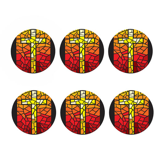 Orange And Red Stained Glass Cross Print Coaster Set