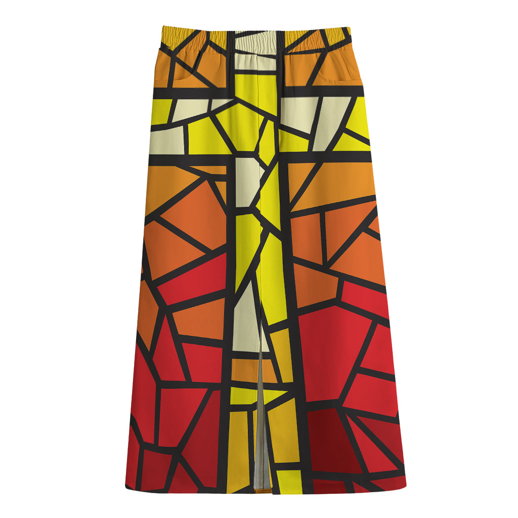 Orange And Red Stained Glass Cross Print Cotton Front Slit Maxi Skirt