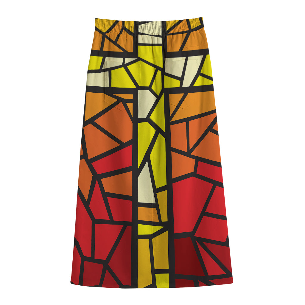 Orange And Red Stained Glass Cross Print Cotton Front Slit Maxi Skirt