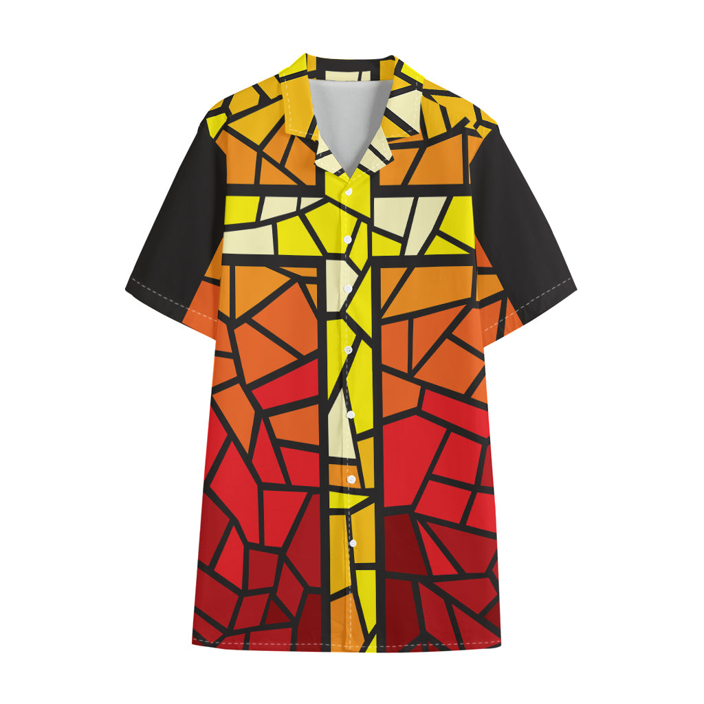 Orange And Red Stained Glass Cross Print Cotton Hawaiian Shirt