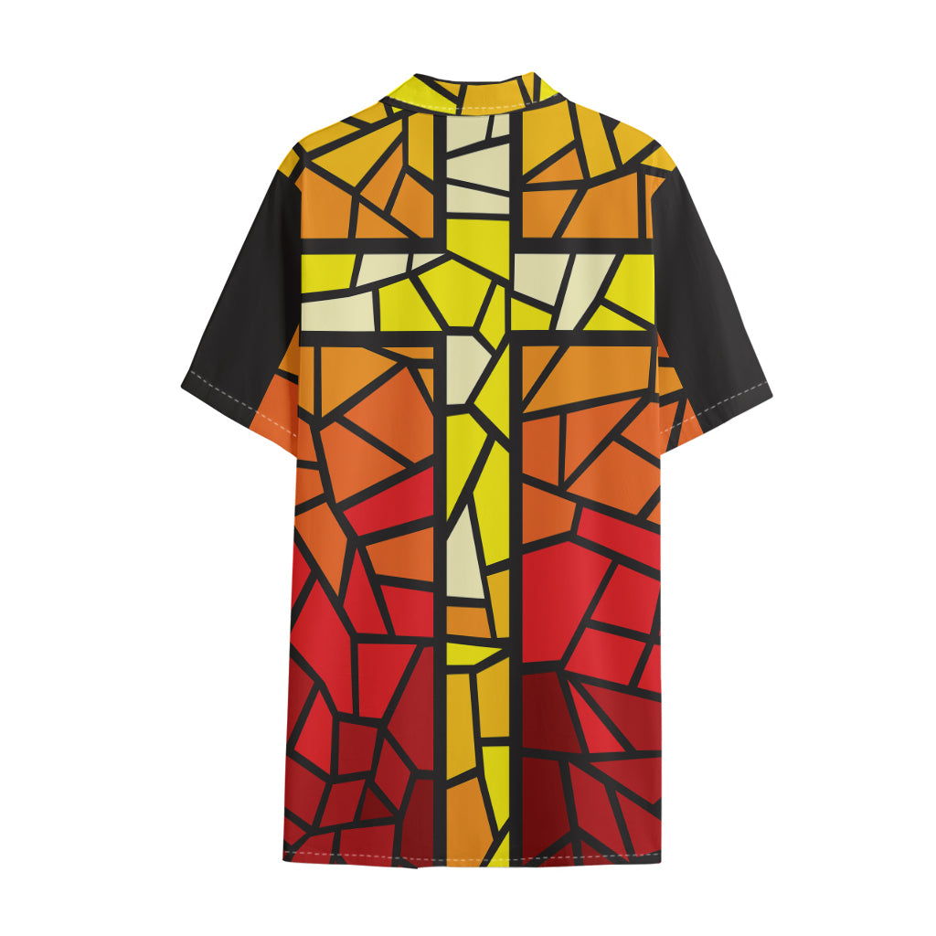 Orange And Red Stained Glass Cross Print Cotton Hawaiian Shirt